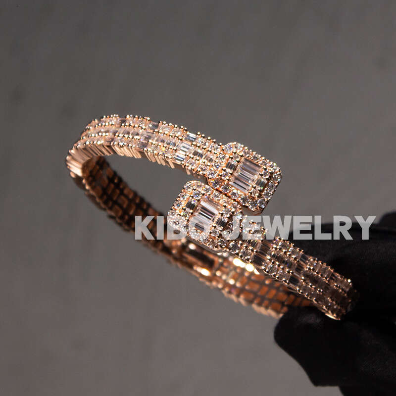 KIBO Iced Out Gold Plated Sier Men Fine Jewelry Bangle Baguette Moissanite VVS Diamond Bracelet Men