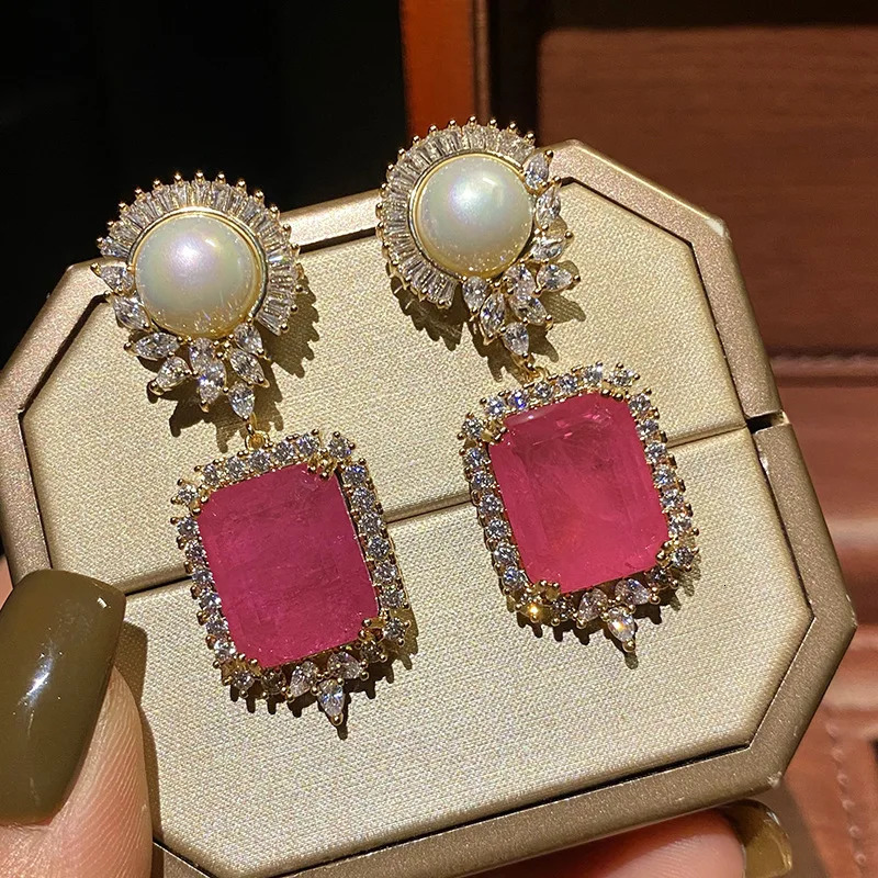 Charms S925 Silver Needle Square Emerald Crystal Pearl Earrings Retro Grace Vintage Dark Green Earring Women Jewelry Accessory 240716