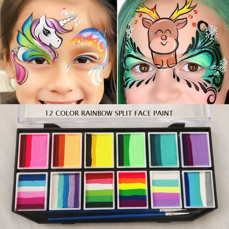Professional Water Based Rainbow One Stroke 12 Color Split Cake Face Paint Palette for Kids DIY 240712