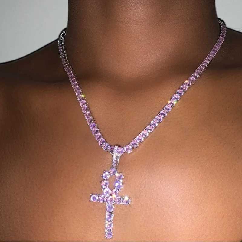 Pendant Necklaces Ins Hip Hop Crystal Ankh Cross Pendant Necklace Womens Tennis Chain Pink Water Diamond Multi Layer Butterfly Necklace Party Jewelry 