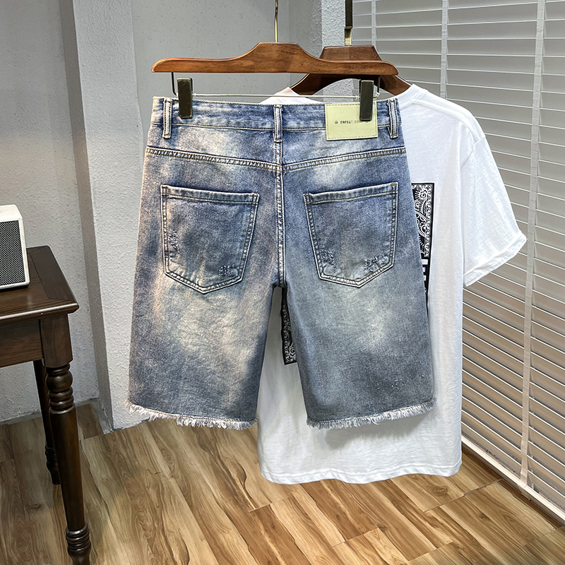 High end summer shorts for men, trendy ripped straight leg denim five quarter pants, 2024 new men's mid length pants