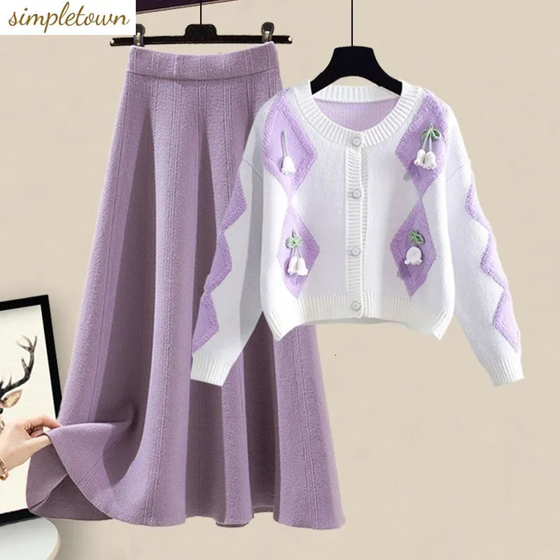 Oversized Womens Autumn Set Fashion Knitted Sweater Covering Flesh and Slim Skirt Two Piece 240712