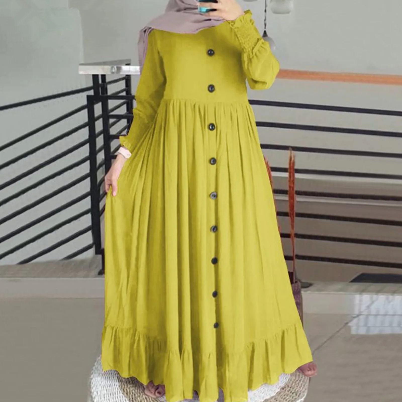 Muslim Hijab Dubai Abaya Long Dresses Women Retro Casual Maxi Dress Oversized Round Neck Ruffle Hem Musulman Djellaba 240712