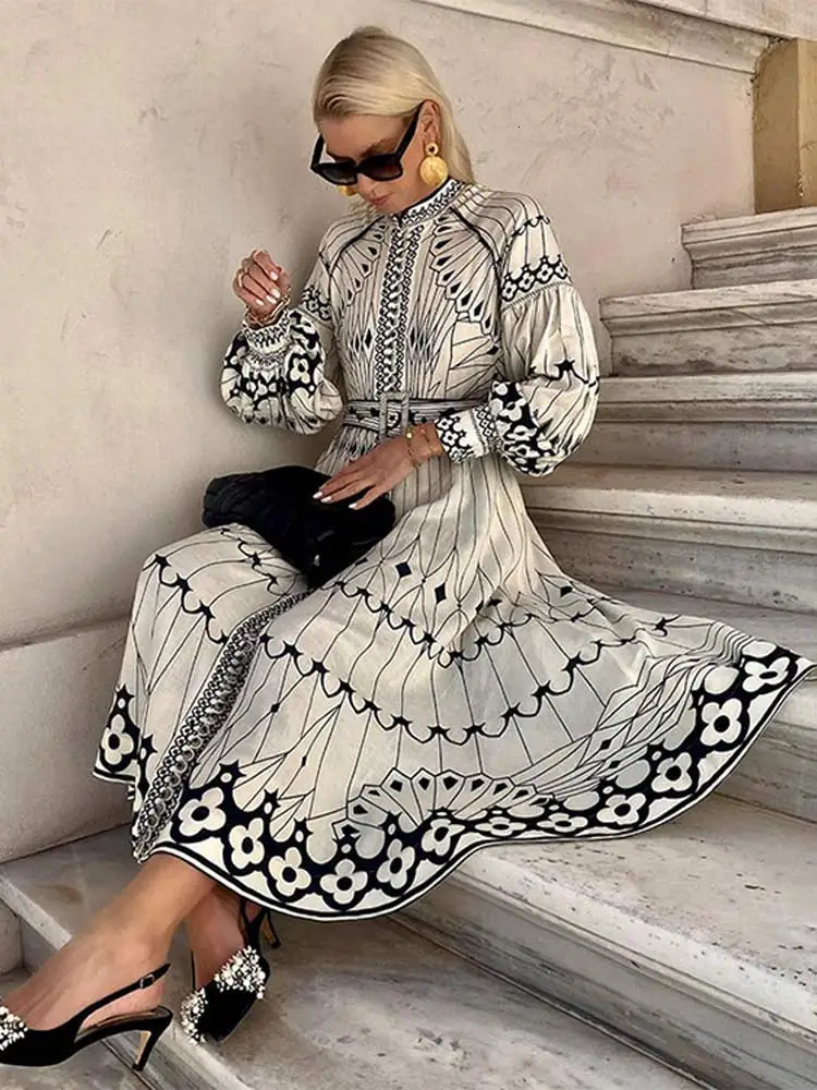 Women Elegant Print Aline Midi Dress With Belt Lantern Long Sleeve Stand Collar Dresses 2024 Chic Lady Casual Vacation Vestidos 240717