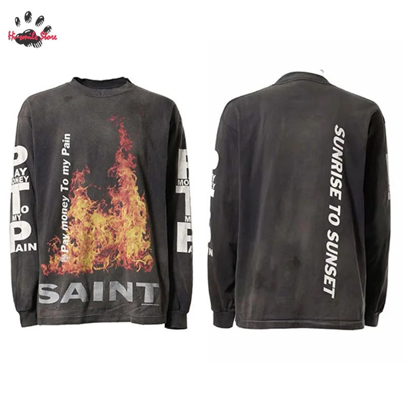 Flame Printing SAINT Long Sleeve T Shirt Men Woman Oversized Streetwear Hip Hop Casual Couple Top Tee Cotton Washed Grey 240715