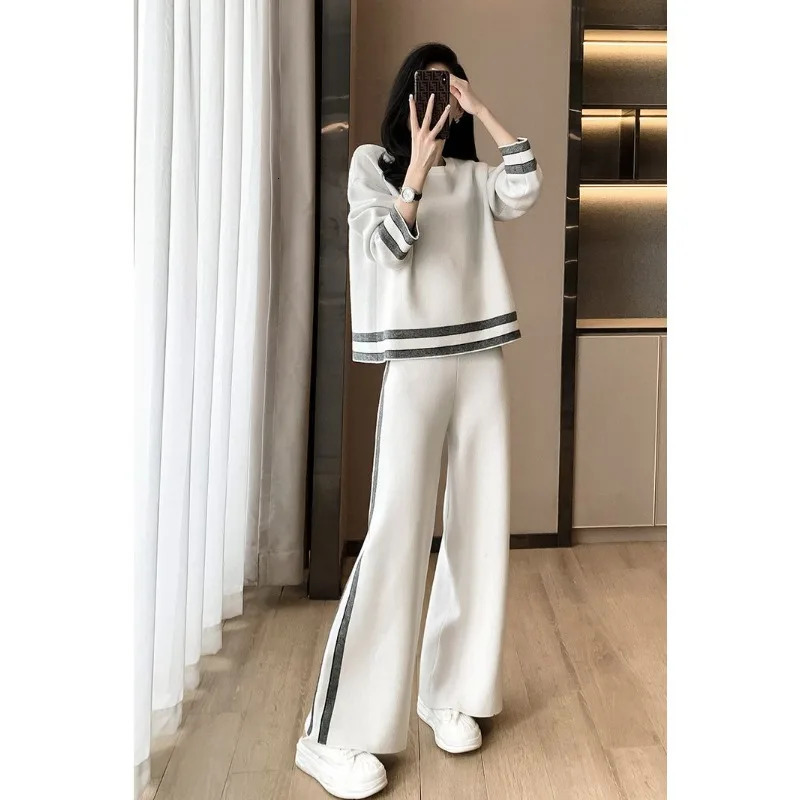 Womens casual pants set sportswear fashionable round neck long sleeved pullout loose wide leg Trouser 2piece track 240718
