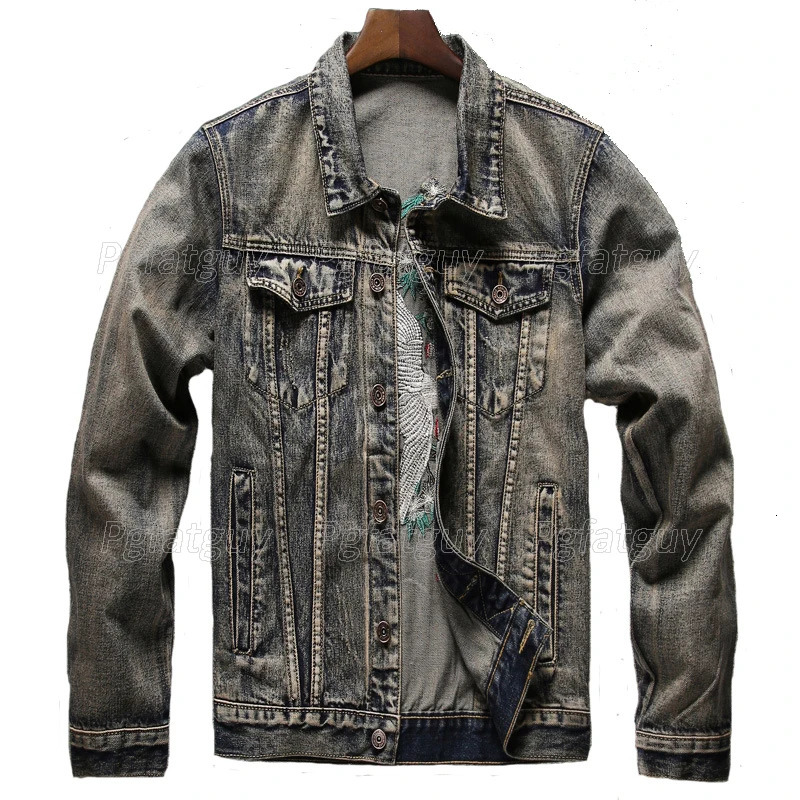 Retro Blue Tracksuit Spring Autumn Embroidered Crane Mens 2pcs Pant Sets Fashion Slim Fit Denim Jacket and Stretch Jeans 240712