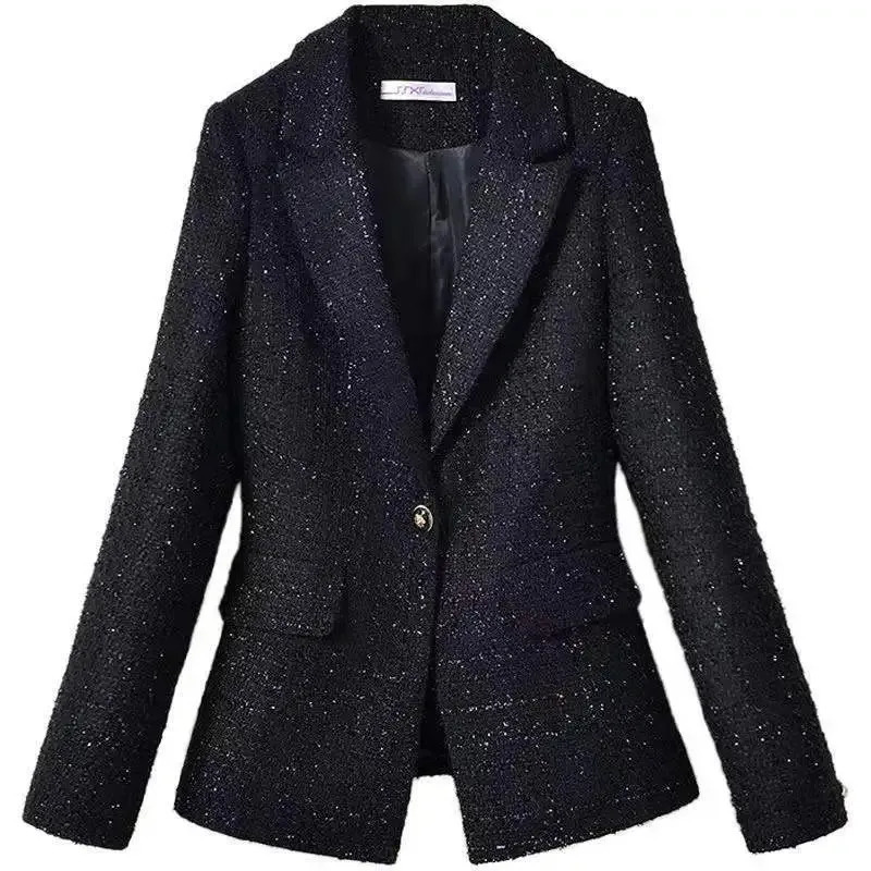 Womens Blazer Tops Fashion Coarse Tweed Woolen Suit Jacket Woman Spring Autumn Casual Coat Casaco Feminino 240715