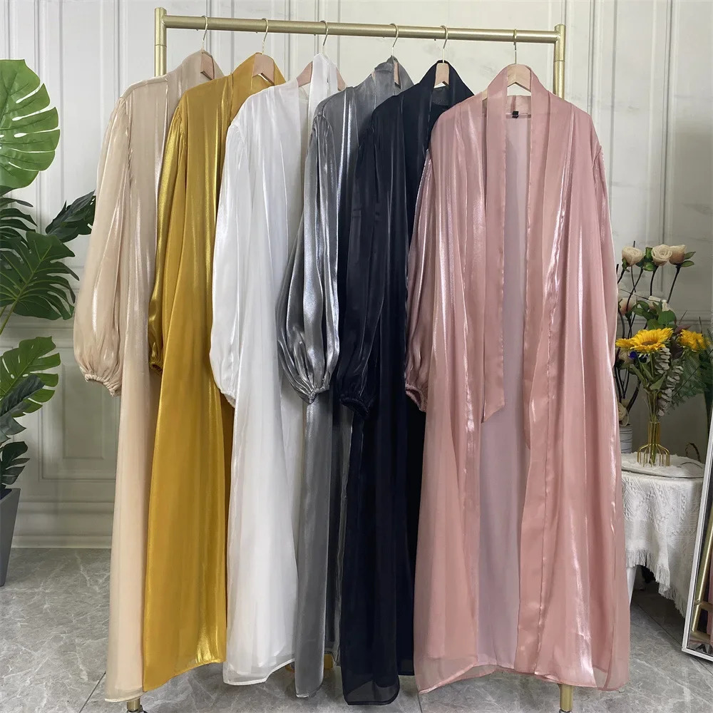 White Satin Abaya Kimono Shiny Silk Stretch Balloon Sleeve Muslim Dress Saudi Open Abayas for Women Dubai Turkey Islam Cardigan 240712
