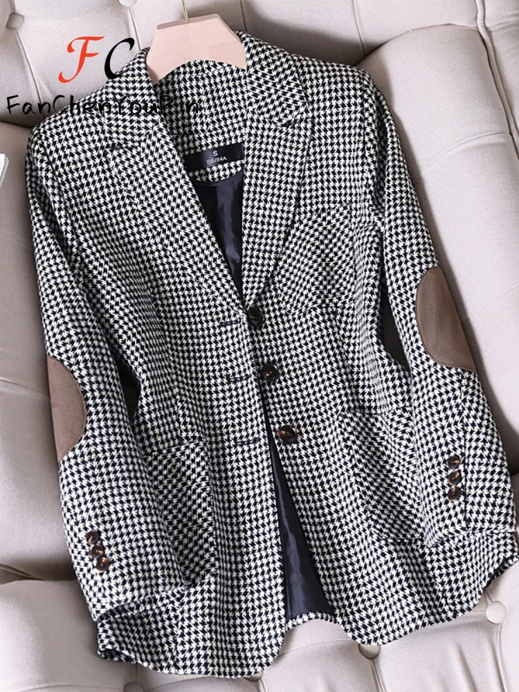 Spring Womens Coats Fashion Temperament Casual Loose Tops Female Baggy Versatile Office Lady Lattice Patchwork Blazers 240715