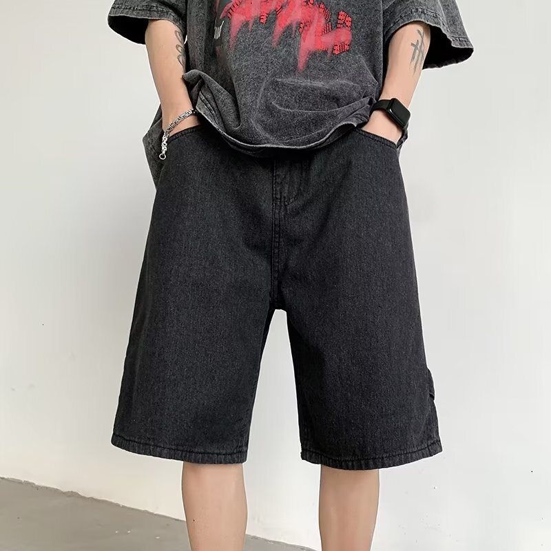 Workwear denim men's summer thin mid length shorts American street versatile loose straight five quarter pants