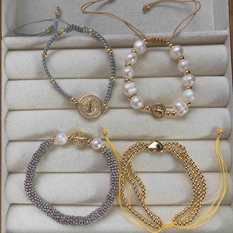 Faith SAN Benito Charm Bracelet Gold Plated Brass Freshwater Pearl Zircon Heart Bead Blessed Adjustable Bracelet Jewelry 240719