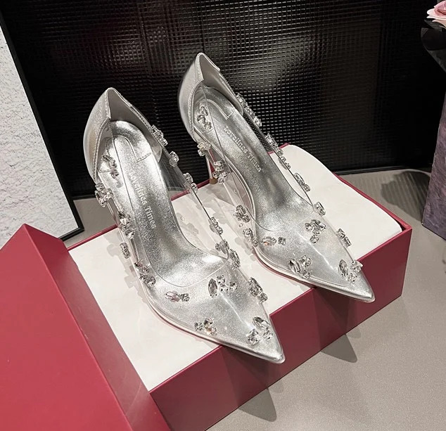 pointed high heels womens wedding shoes banquet rhinestone transparent thin sexy shallow mouth single 240718