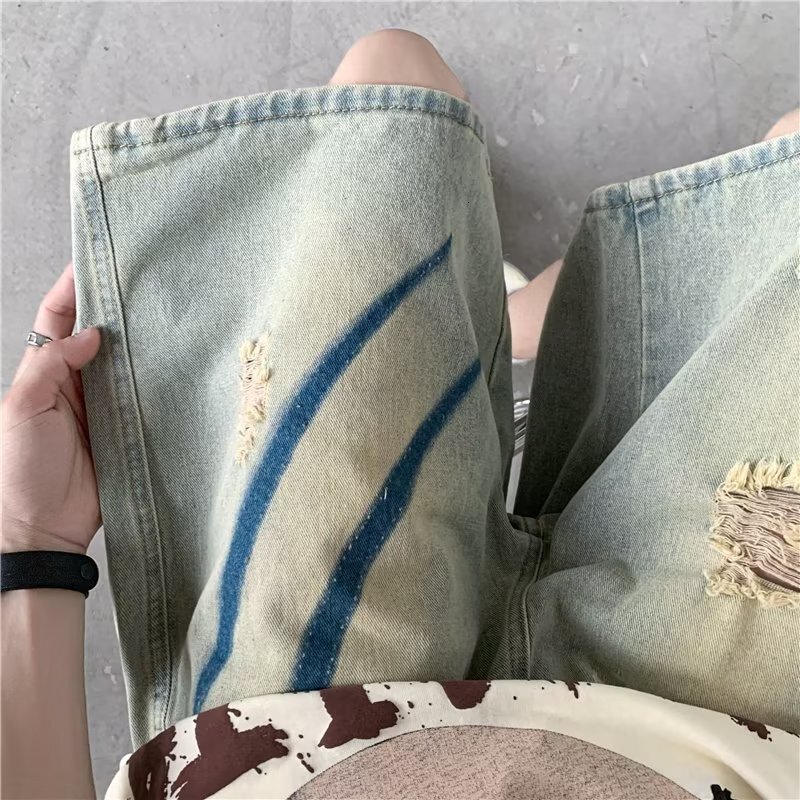 Yellow mud ripped hole American high street Vibe trendy brand denim shorts men's West Coast cement color 5-point pants summer thin