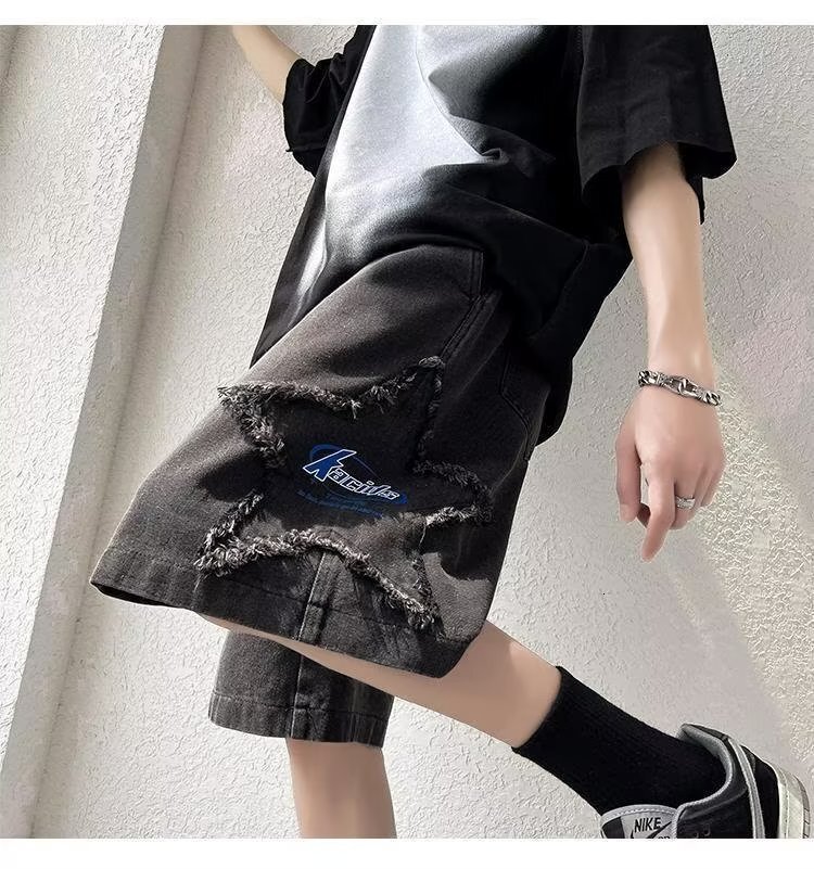 Cowboy shorts summer American high street Vibe trendy brand loose washed five quarter men's casual pants