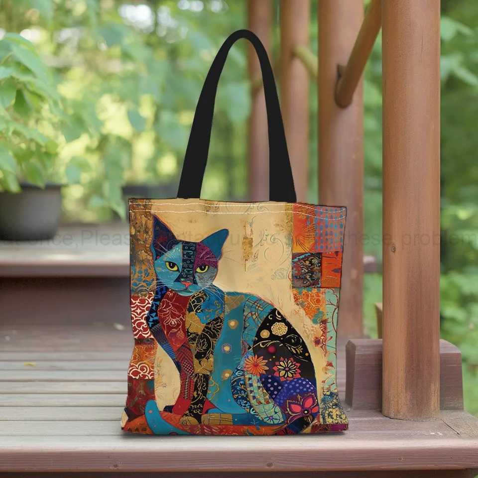 Floral Cat Pattern Tote Bag Aesthetic Canvas School Shoulder Bag Lightweight Grocery Shopping Bag Z240910