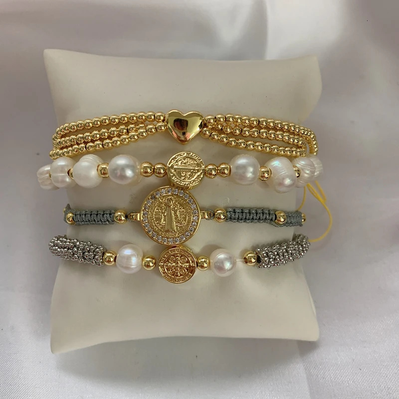 Faith SAN Benito Charm Bracelet Gold Plated Brass Freshwater Pearl Zircon Heart Bead Blessed Adjustable Bracelet Jewelry 240719