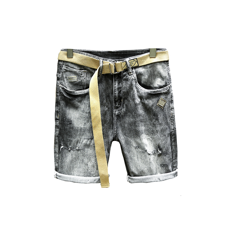 Trendy denim men's 2024 summer new high-end light luxury embroidered elastic shorts with belt