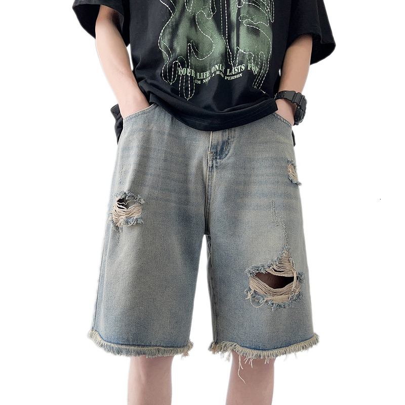 Ripped denim shorts for men, thin, loose, fringed casual pants, American high street five quarter pants