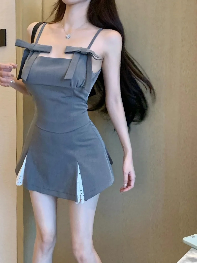 Sweet Girl Suit Womens Summer Bow Slim Strap Vest Split Lace Patchwork Mini Skirt Twopiece Set Fashion Female Clothes 240716