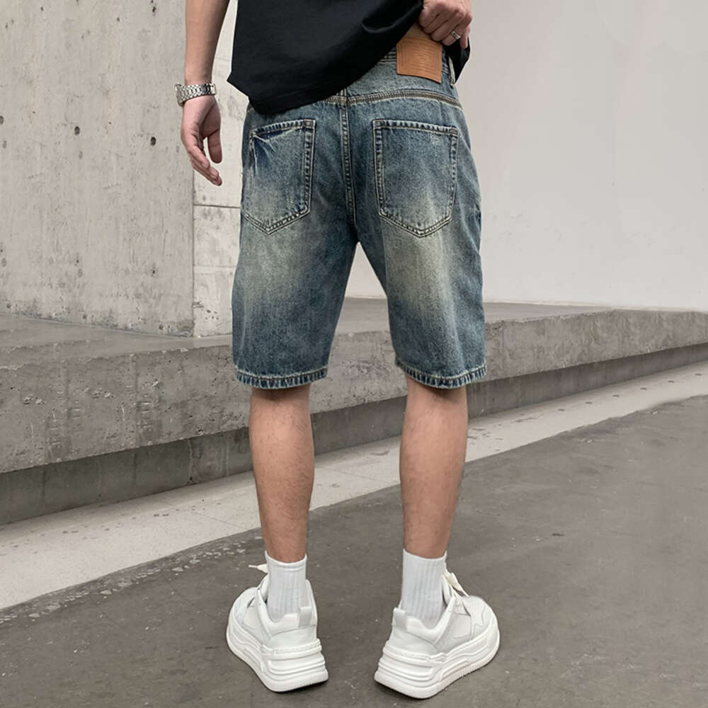 Trendy brand denim shorts with embroidered patches and patches, men's summer new style, personalized straight leg plus size five quarter pants