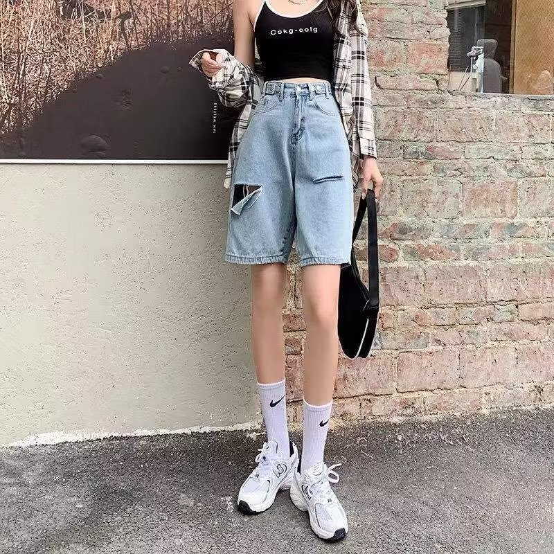 Denim shorts men in summer, thin cut for women, ripped five quarter loose split pants, trendy brand