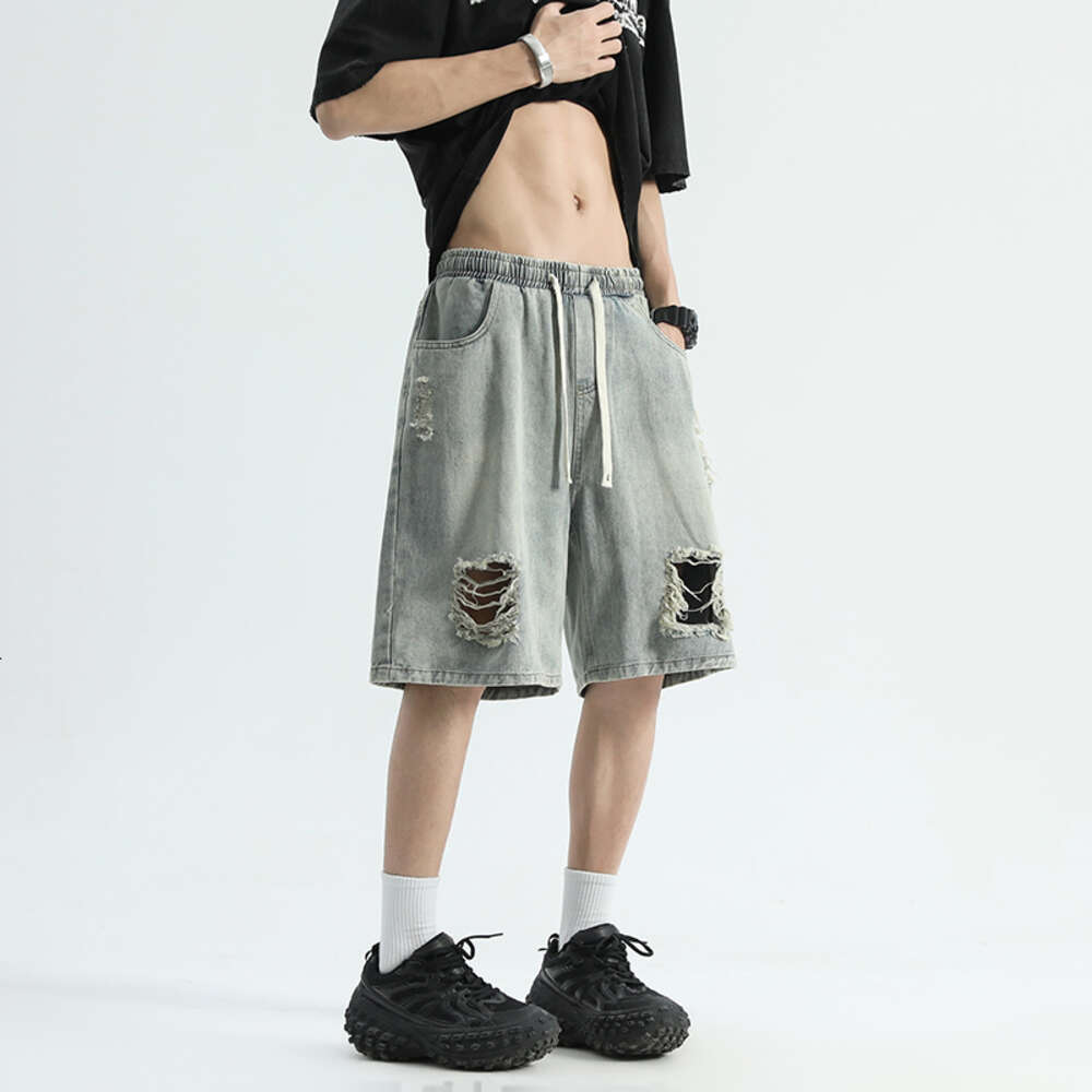 Summer Trendy Brand Broken Hole Cat Must Wash, Make Old, Loose Wide Legs, Straight Tube, Casual, Five Point Denim Shorts for Men