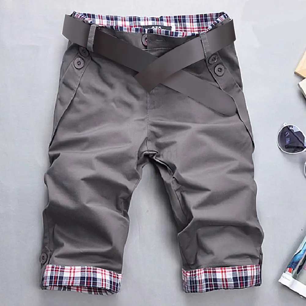 Summer Men Shorts Color Block Plaid Surf Board Shorts Beachwear Trousers Korean Style Pockets Casual Slim Fit Short Jeans M240720