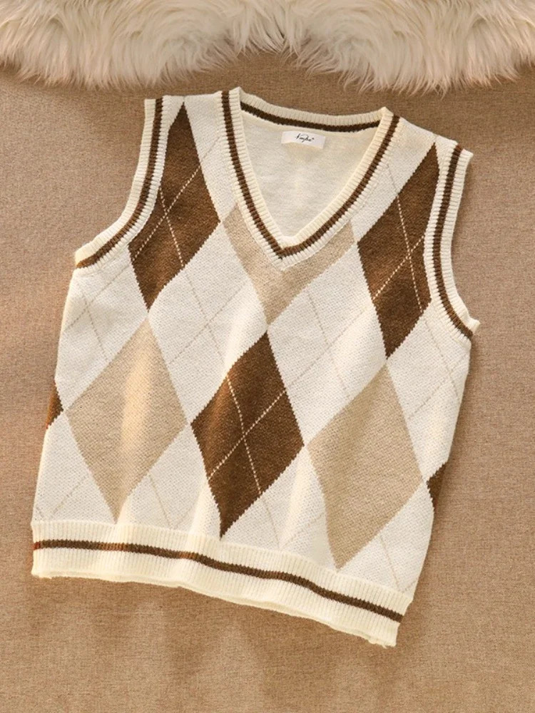 Xgoth Vintage College Style Set Layered Knitted Vest Apricot Stripes Long Sleeve Shirt Womens Kahki Pleated Skirt 3pcs Suit 240712