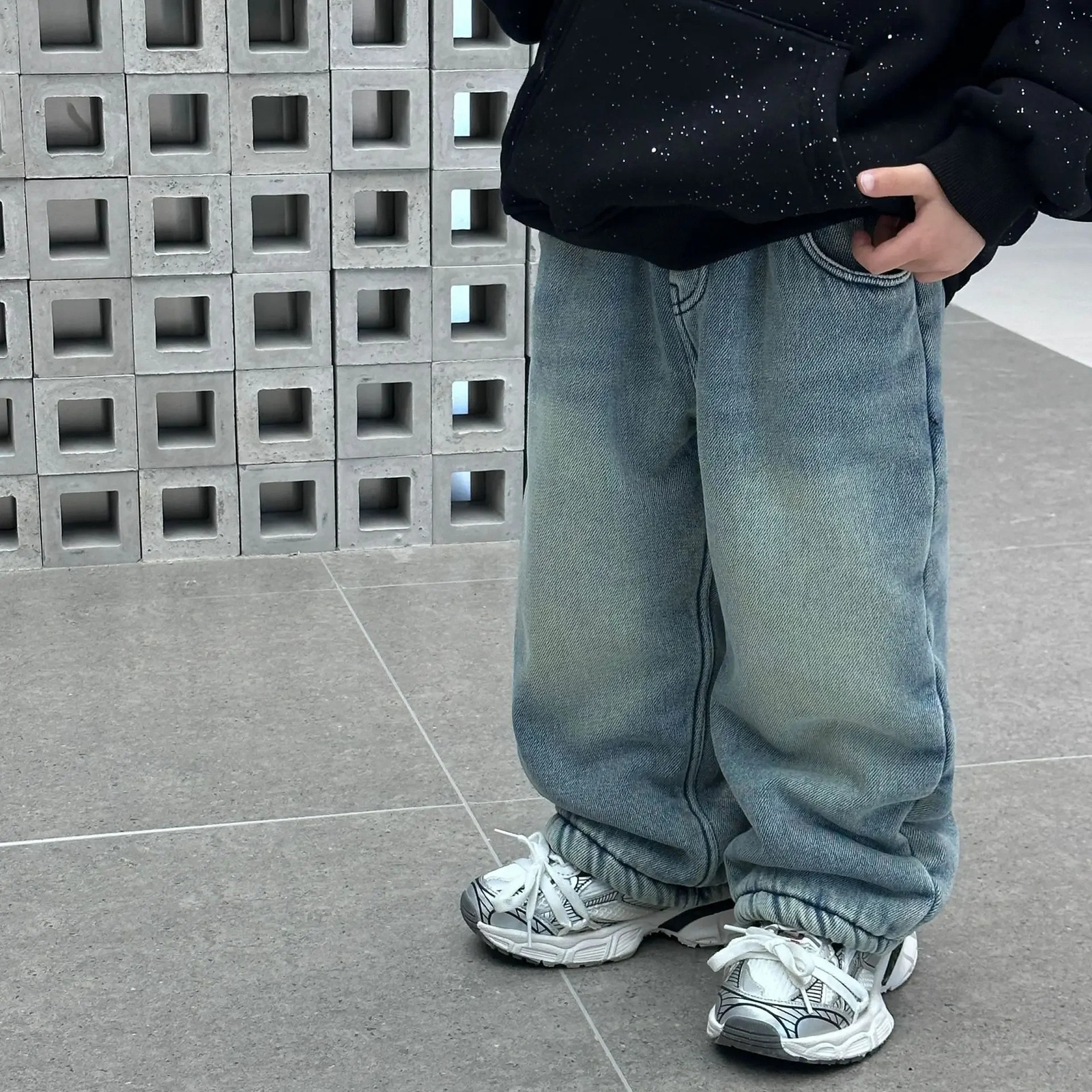 Boys Pants Winter Korean Style Solid Color Fleece Thickened All Match Jeans Boy Casual Simple Fashion Handsome Jeans 240716