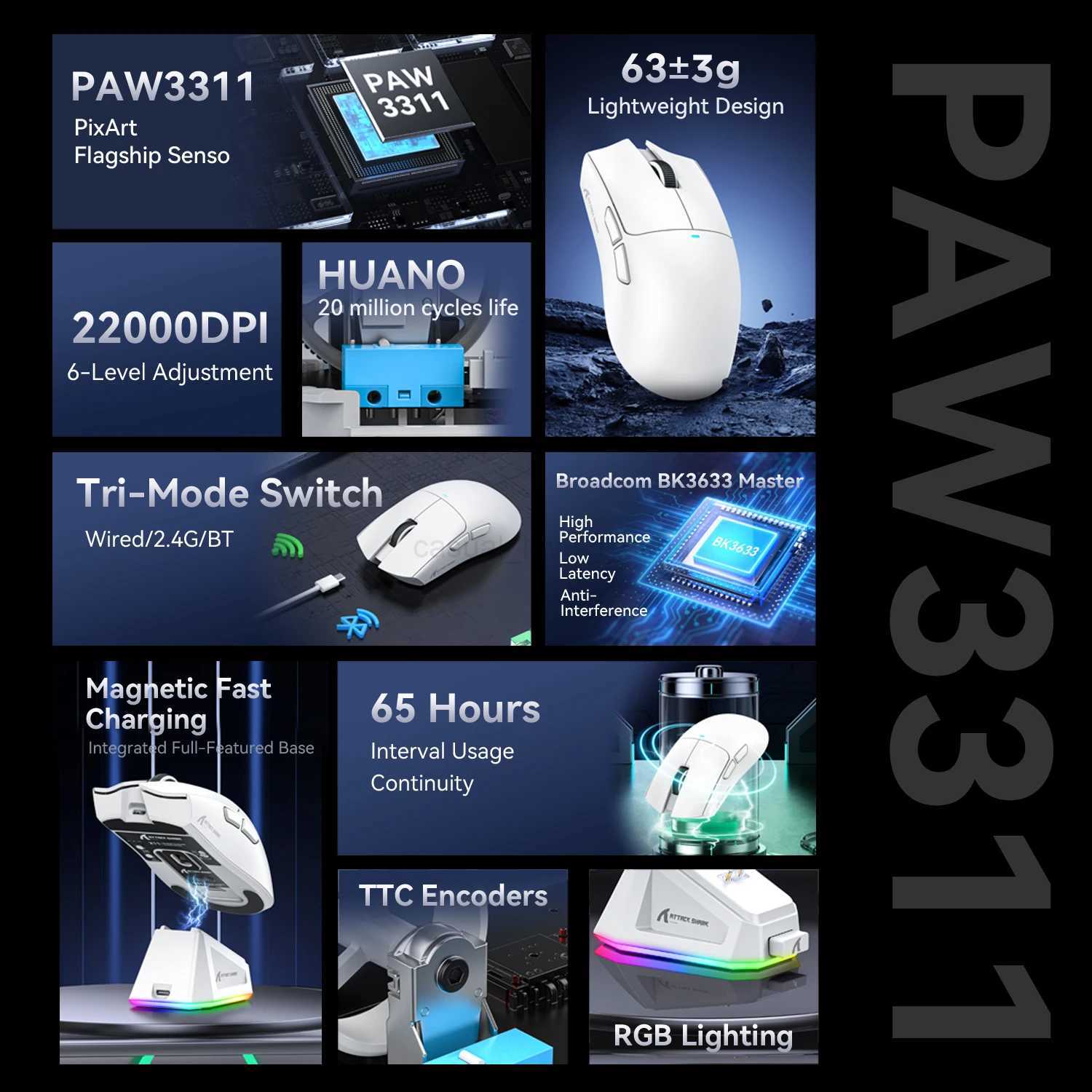 Attack Shark X11 Bluetooth Wireless Mouse Three Mode 2.4G PAW3311 RGB PC Magnetic charging dock Gaming E-sports MouseCL240720