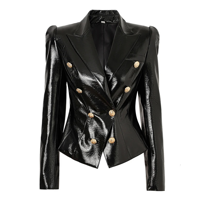 FW womens black pu leather shiny shrug slim small suit high quality y2k Korean style button decorated temperamentJacket 240717