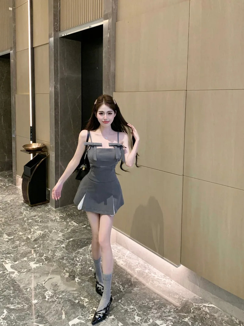 Sweet Girl Suit Womens Summer Bow Slim Strap Vest Split Lace Patchwork Mini Skirt Twopiece Set Fashion Female Clothes 240716