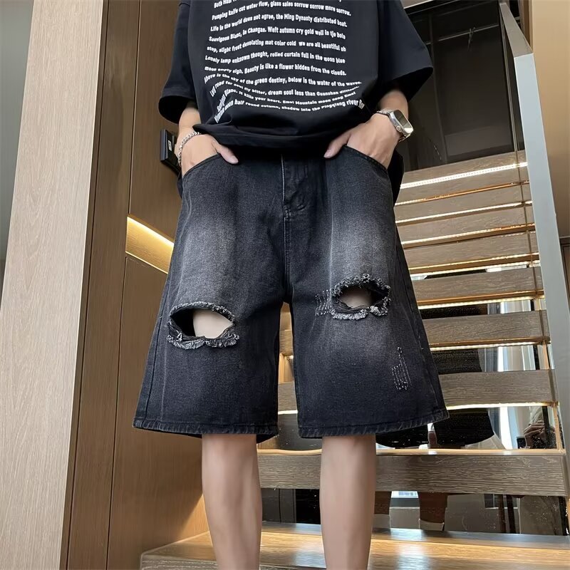 Men's denim shorts, men's summer style, American high waisted outer straight leg pants, cool and casual five quarter pants