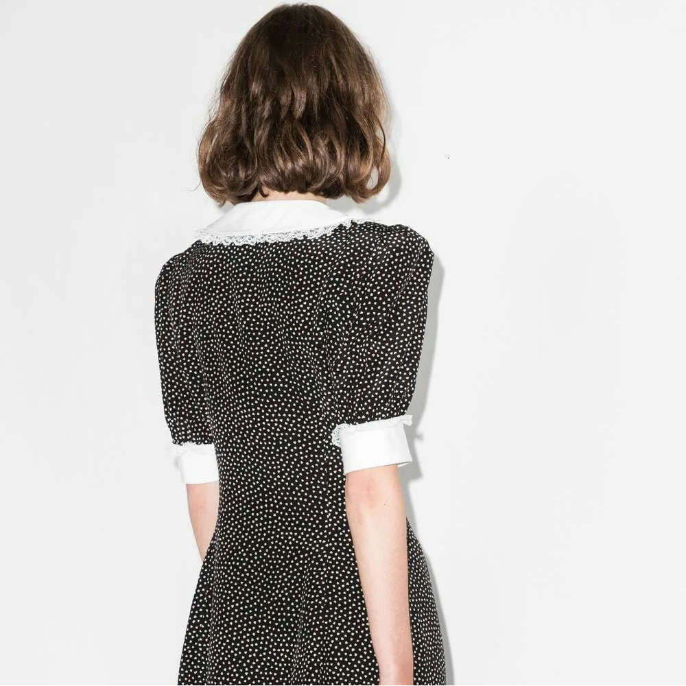 Spring Summer New Black Polka Dot Splicing Lotus Leaf Collar Sweet Short Sleeve Small Dress Short Sexy Self Cultivation Novelty Waist Lace Dress Lace 