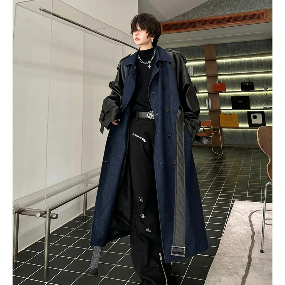 Double Breasted Denim Splice Leather Long Windbreaker Jacket Men Mid Loose Casual Korean Streetwear Trench Coat Outerwear 240719
