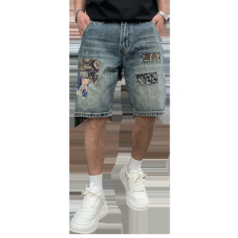 Trendy brand denim shorts with embroidered patches and patches, men's summer new style, personalized straight leg plus size five quarter pants
