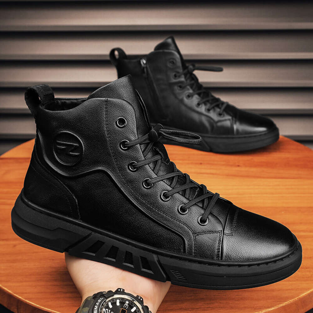 GJF Skate Autumn and Winter High-top Casual Trend Korean Men's 2023 New Leather Tide Shoes Youth Zipper