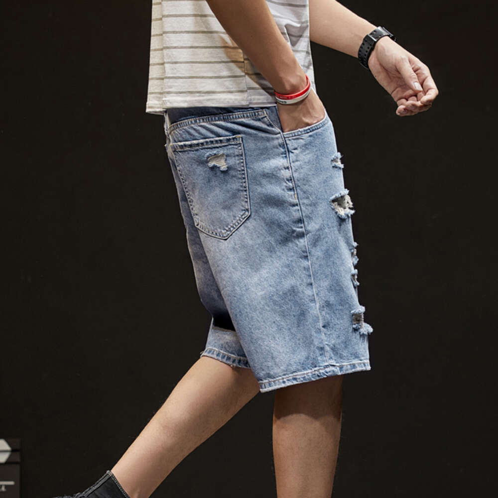 Denim shorts, ripped thin style, loose casual five quarter pants, Korean version, trendy brand, men's summer pants