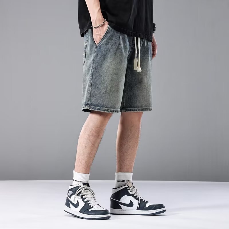American denim summer trendy brand, ruffian and handsome shorts, men's loose fitting workwear, 5/4 pants