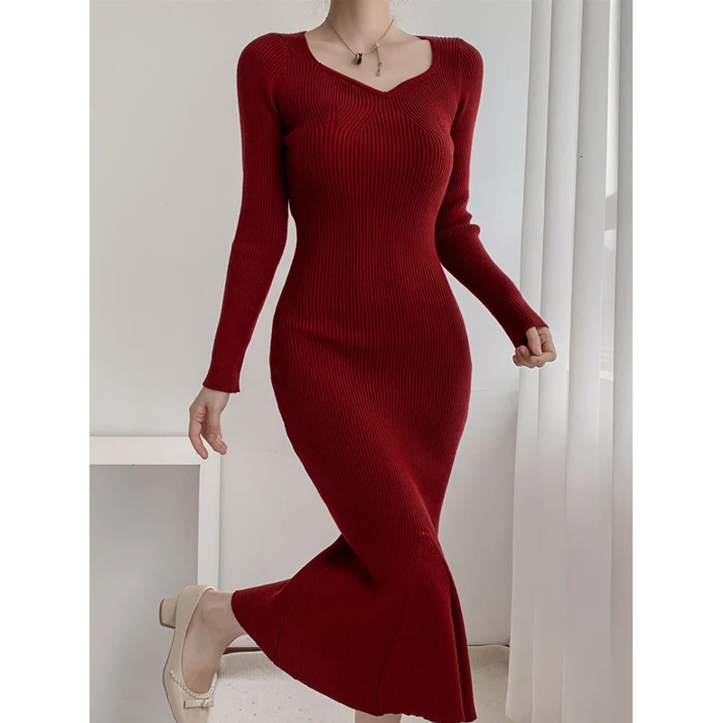 Autumn Winter Slim Solid Long Sleeve Knitted Dress Women Korean Sweater Bodycon Dresses Ladies Elegant Evening Party 240710
