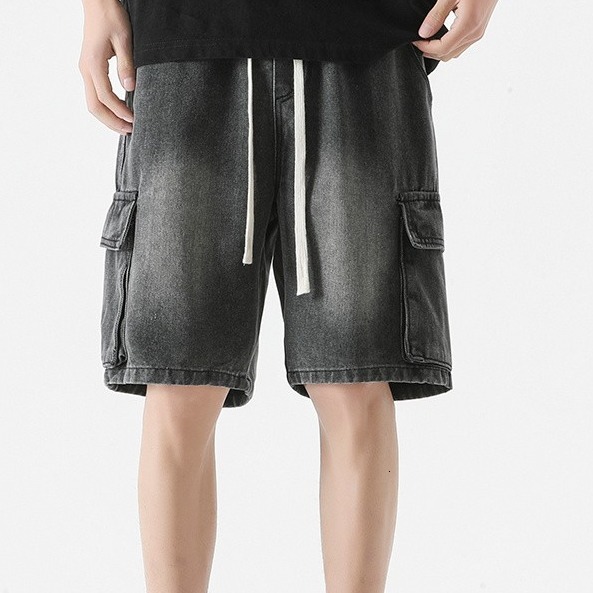Summer trendy denim shorts for both men and women, American workwear, casual mid length pants, loose plus size five quarter pants
