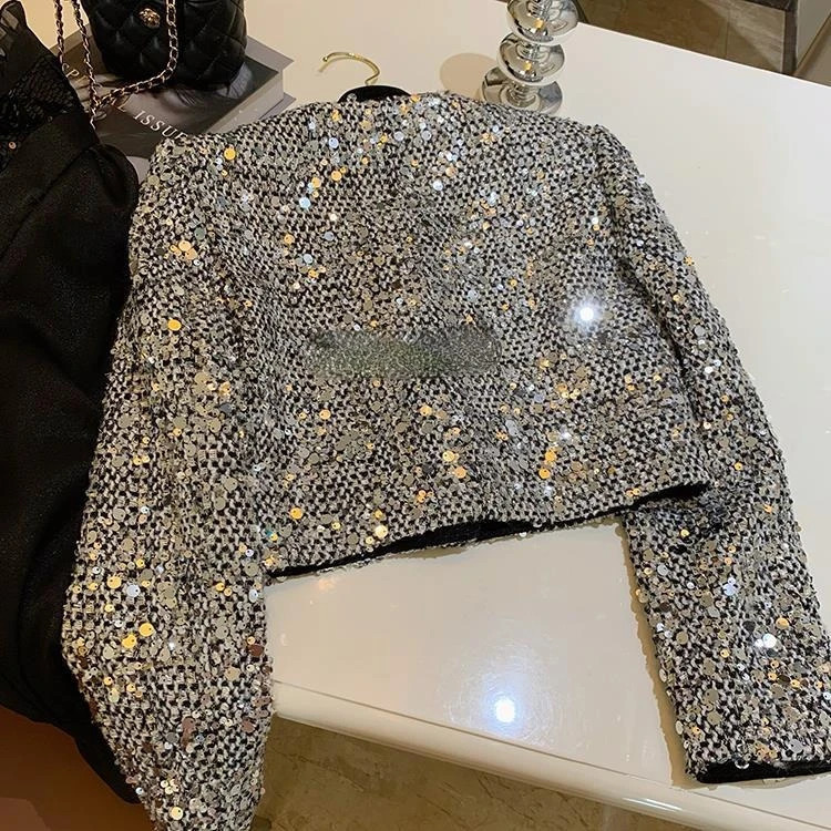 Elegant Heavy Sequins Starlight Silver Jackets Spring Long Sleeve Coat Women Y2k Grunge Oneck Single Breasted Tops Mujer 240719w - view 5
