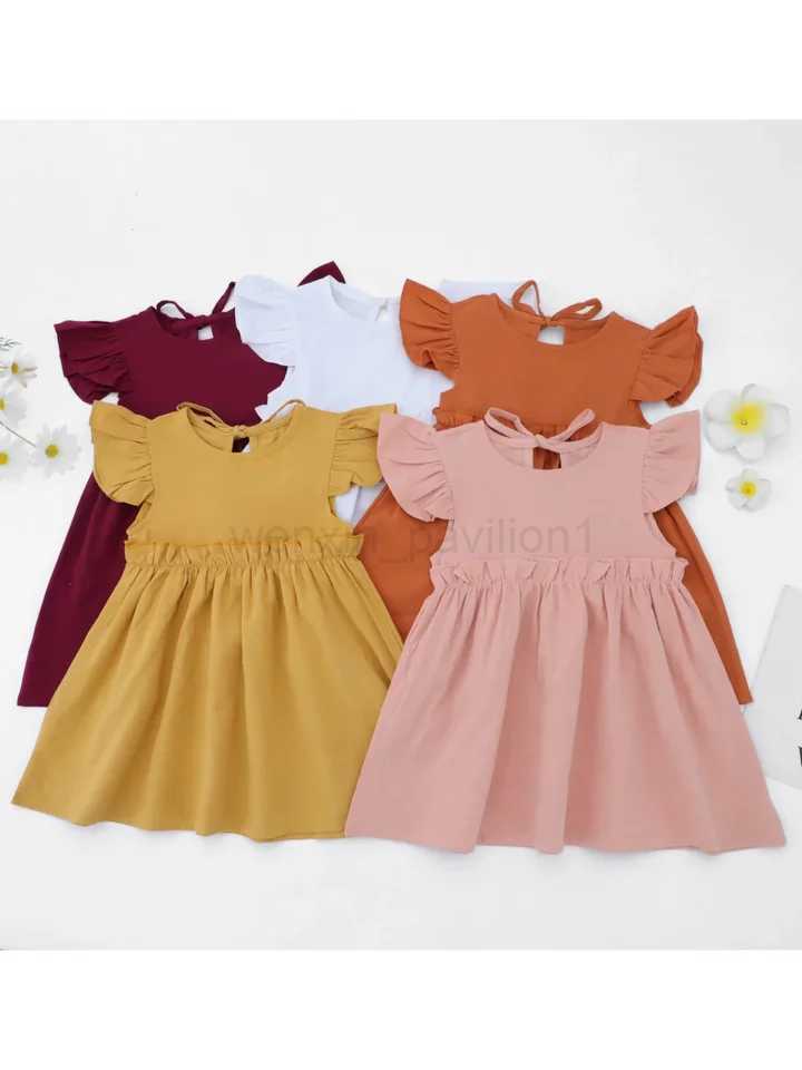 Girls Flutter Sleeve Princess Dress with Tie Childrens Clothing Solid Color Cotton European and American Style NewstyleXJ240720