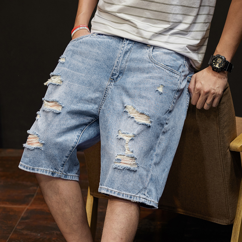 Denim shorts, ripped thin style, loose casual five quarter pants, Korean version, trendy brand, men's summer pants