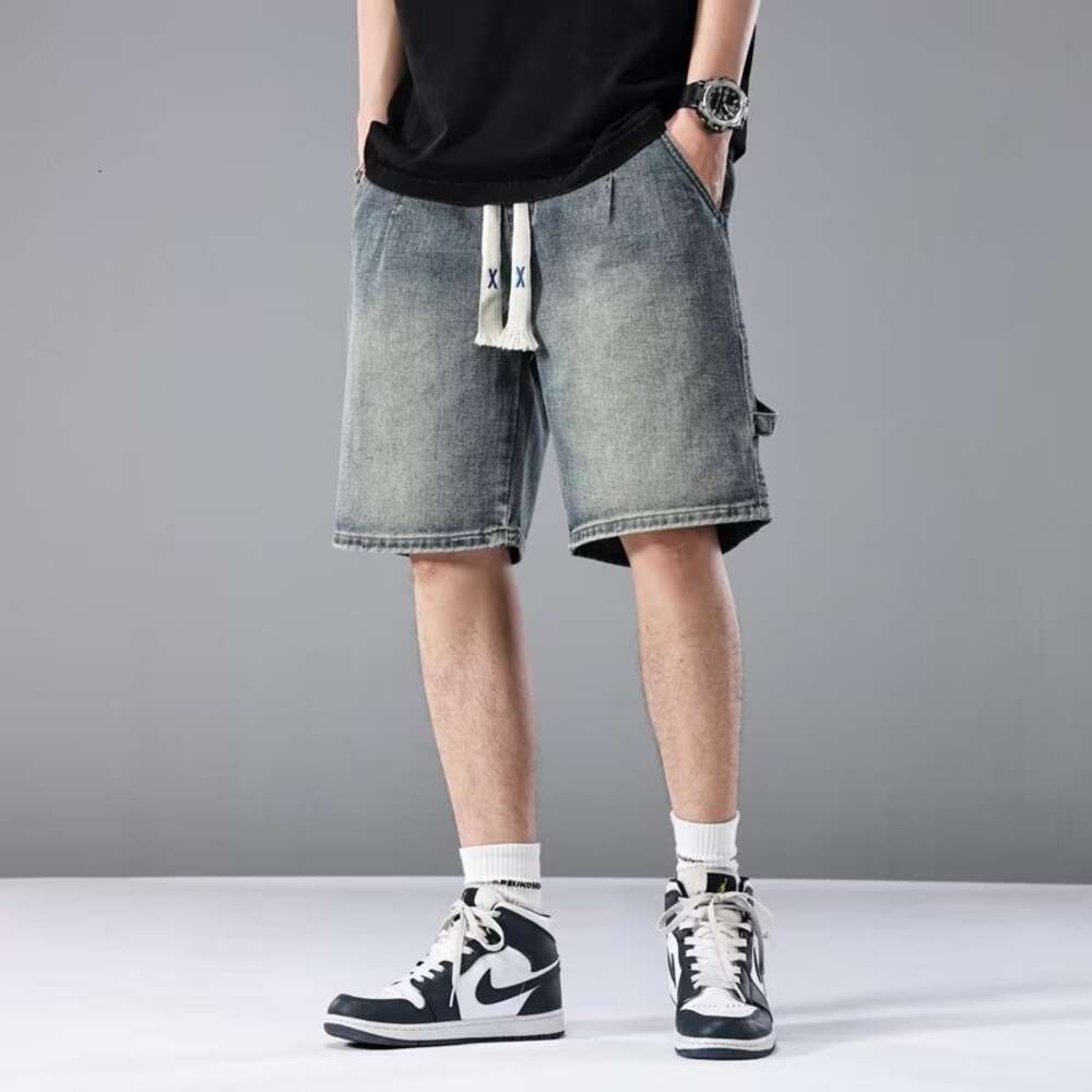 American denim summer trendy brand, ruffian and handsome shorts, men's loose fitting workwear, 5/4 pants