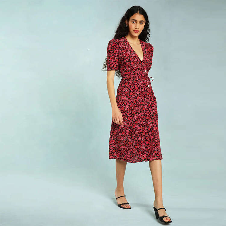 Summer New Style Printed V Neck Short Sleeved Tea Break Skirt Medium Long Waist Collection Dress French Women Denim Dress High Waist Dress BOHO DRESS 