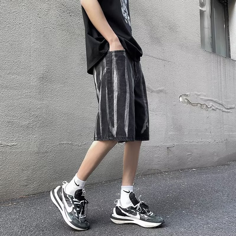 Trendy brand tie dyed denim straight leg capris, summer loose pants, men's shorts, American high street pants