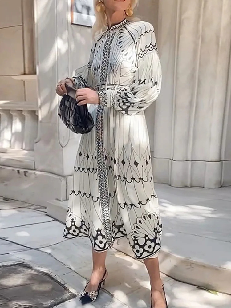 Women Elegant Print Aline Midi Dress With Belt Lantern Long Sleeve Stand Collar Dresses 2024 Chic Lady Casual Vacation Vestidos 240717