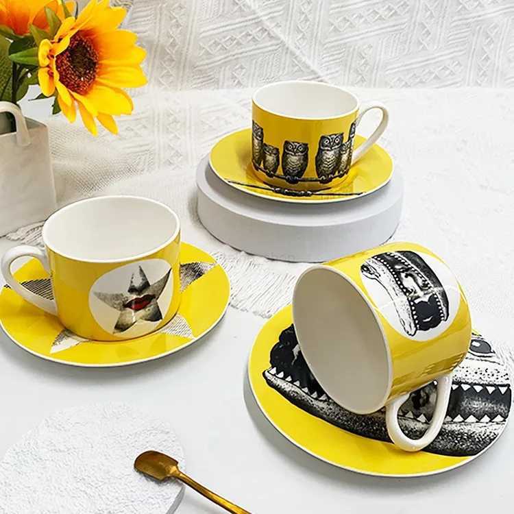European Style Face Owl Abstract Coffee Cup Saucer Drinkware Delicate Ceramic Afternoon Tea Mug Dessert Drink Mug Birthday GiftB240720